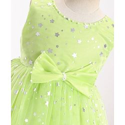 Babyhug Woven Sleeveless Star Foil Printed Party Frock with Bow Applique - Neon Green