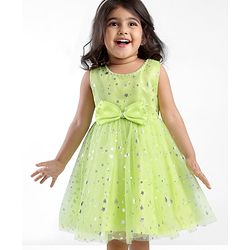 Babyhug Woven Sleeveless Star Foil Printed Party Frock with Bow Applique - Neon Green
