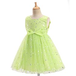 Babyhug Woven Sleeveless Star Foil Printed Party Frock with Bow Applique - Neon Green