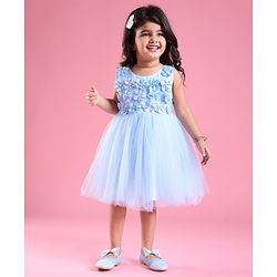 Babyhug Sleeveless Fit & Flared  Party Frock with 3D Floral Applique Pearl Detailing - Blue
