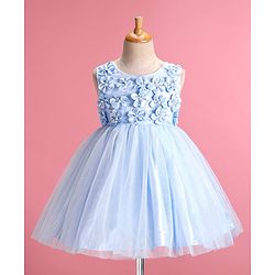 Babyhug Sleeveless Fit & Flared  Party Frock with 3D Floral Applique Pearl Detailing - Blue