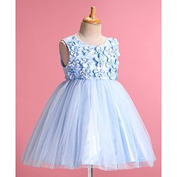 Babyhug Sleeveless Fit & Flared  Party Frock with 3D Floral Applique Pearl Detailing - Blue