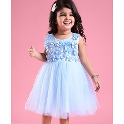 Babyhug Sleeveless Fit & Flared  Party Frock with 3D Floral Applique Pearl Detailing - Blue