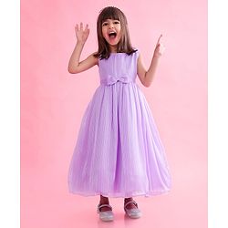 Babyhug Woven Sleeveless Party Gown with Bow Applique & Stripe Design-Lavender