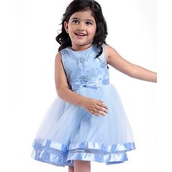 Babyhug Woven Sleeveless Floral Embroidered Party Wear Frock with Bow Applique - Blue