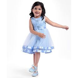 Babyhug Woven Sleeveless Floral Embroidered Party Wear Frock with Bow Applique - Blue