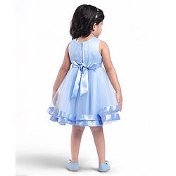 Babyhug Woven Sleeveless Floral Embroidered Party Wear Frock with Bow Applique - Blue
