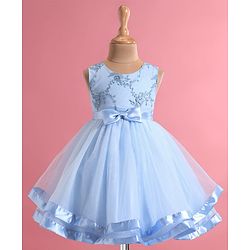 Babyhug Woven Sleeveless Floral Embroidered Party Wear Frock with Bow Applique - Blue