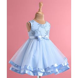 Babyhug Woven Sleeveless Floral Embroidered Party Wear Frock with Bow Applique - Blue