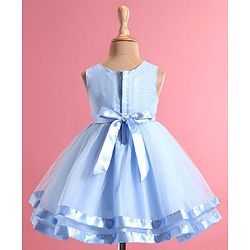 Babyhug Woven Sleeveless Floral Embroidered Party Wear Frock with Bow Applique - Blue