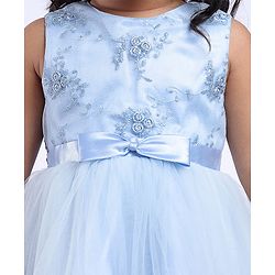 Babyhug Woven Sleeveless Floral Embroidered Party Wear Frock with Bow Applique - Blue