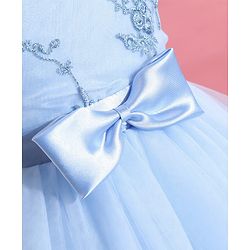Babyhug Woven Sleeveless Floral Embroidered Party Wear Frock with Bow Applique - Blue