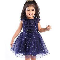 Babyhug Sleeveless Lace & Polka Dots Detailing Fit & Flare Party Frock - Dark Blue