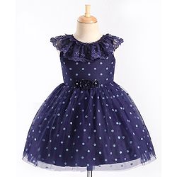 Babyhug Sleeveless Lace & Polka Dots Detailing Fit & Flare Party Frock - Dark Blue