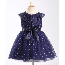 Babyhug Sleeveless Lace & Polka Dots Detailing Fit & Flare Party Frock - Dark Blue