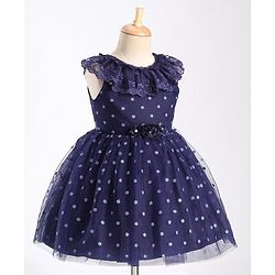 Babyhug Sleeveless Lace & Polka Dots Detailing Fit & Flare Party Frock - Dark Blue