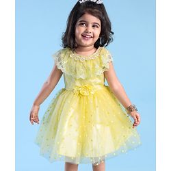 Babyhug Woven Sleeveless Party Wear Frock with Floral Corsage & Lace Detailing - Yellow