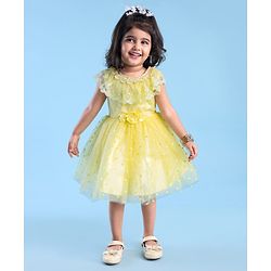 Babyhug Woven Sleeveless Party Wear Frock with Floral Corsage & Lace Detailing - Yellow