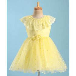 Babyhug Woven Sleeveless Party Wear Frock with Floral Corsage & Lace Detailing - Yellow