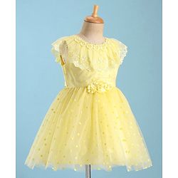 Babyhug Woven Sleeveless Party Wear Frock with Floral Corsage & Lace Detailing - Yellow