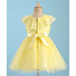 Babyhug Woven Sleeveless Party Wear Frock with Floral Corsage & Lace Detailing - Yellow