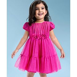 Babyhug Woven Half Puffed Sleeves Solid Color Party Frock with Floral Applique - Dark Pink