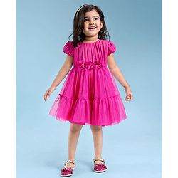 Babyhug Woven Half Puffed Sleeves Solid Color Party Frock with Floral Applique - Dark Pink