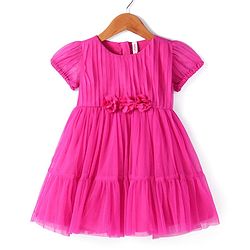 Babyhug Woven Half Puffed Sleeves Solid Color Party Frock with Floral Applique - Dark Pink
