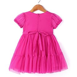 Babyhug Woven Half Puffed Sleeves Solid Color Party Frock with Floral Applique - Dark Pink