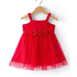 Babyhug Woven Sleeveless Fit & Flared Party Frock With Floral Corsage- Red