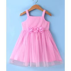 Babyhug Sleeveless Fit & Flared Solid Colour Party Frock with Floral Applique - Pink