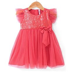 Babyhug Woven Frill Sleeves Fit & Flare Sequinned Party Frock with Bow - Peach