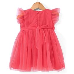Babyhug Woven Frill Sleeves Fit & Flare Sequinned Party Frock with Bow - Peach