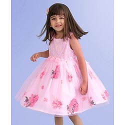 Babyhug Sleeveless Party Frock with Sequin Detailing  Floral Print & Applique - Baby Pink