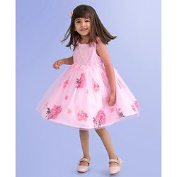 Babyhug Sleeveless Party Frock with Sequin Detailing  Floral Print & Applique - Baby Pink