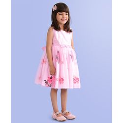 Babyhug Sleeveless Party Frock with Sequin Detailing  Floral Print & Applique - Baby Pink