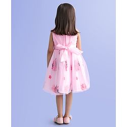 Babyhug Sleeveless Party Frock with Sequin Detailing  Floral Print & Applique - Baby Pink