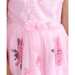 Babyhug Sleeveless Party Frock with Sequin Detailing  Floral Print & Applique - Baby Pink