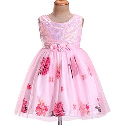 Babyhug Sleeveless Party Frock with Sequin Detailing  Floral Print & Applique - Baby Pink