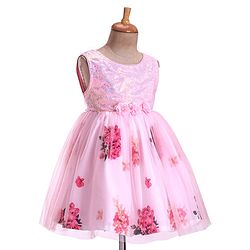 Babyhug Sleeveless Party Frock with Sequin Detailing  Floral Print & Applique - Baby Pink