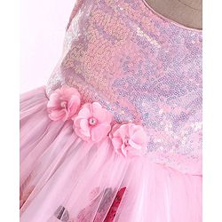 Babyhug Sleeveless Party Frock with Sequin Detailing  Floral Print & Applique - Baby Pink