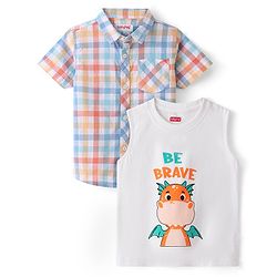 Babyhug Cotton Woven Half Sleeves Checked Shirt with Inner Tee Dino Print - Blue