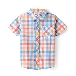 Babyhug Cotton Woven Half Sleeves Checked Shirt with Inner Tee Dino Print - Blue