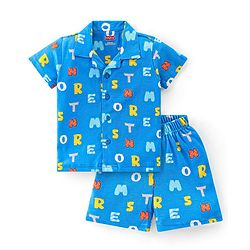 Babyhug Interlock Cotton Knit Half Sleeves Night Suit Alphabet Print - Blue