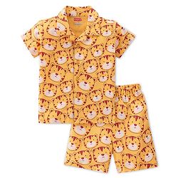 Babyhug Cotton Knit Interlock Half Sleeves Night Suit With Tiger Print - Yellow & Red