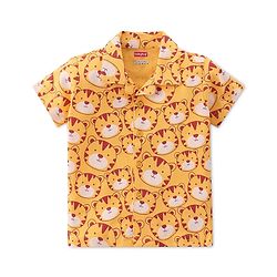 Babyhug Cotton Knit Interlock Half Sleeves Night Suit With Tiger Print - Yellow & Red