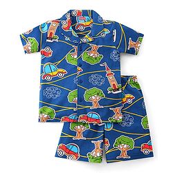 Babyhug Interlock Knit Half Sleeves Night Suit with Car Print - Blue