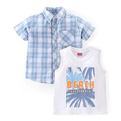 Babyhug 100% Cotton Woven Half Sleeves Checkered Shirt with Inner Tee Beach Print - Blue