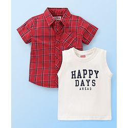 Babyhug Cotton Woven Half Sleeves Checked Shirt With Sleeveless T shirt  Text Print - Red & White