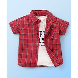 Babyhug Cotton Woven Half Sleeves Checked Shirt With Sleeveless T shirt  Text Print - Red & White